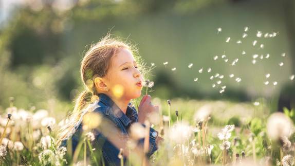 Mädchen in Wiese bläst Pusteblume